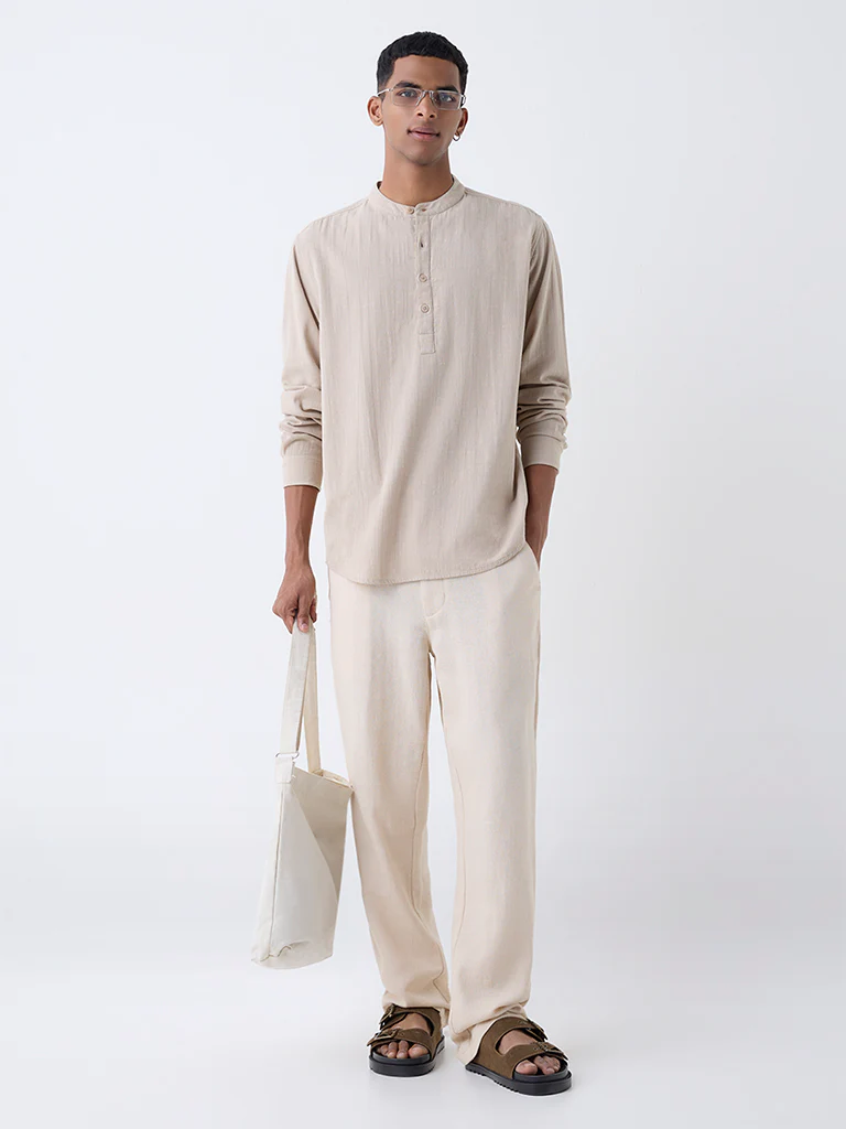 ETA Beige Self-Patterned Relaxed-Fit Cotton-Blend Shirt - Image 3