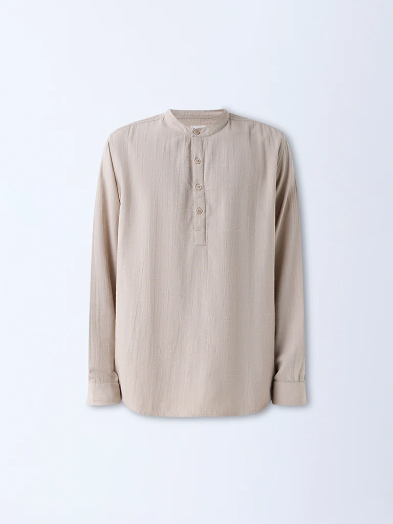ETA Beige Self-Patterned Relaxed-Fit Cotton-Blend Shirt - Image 6