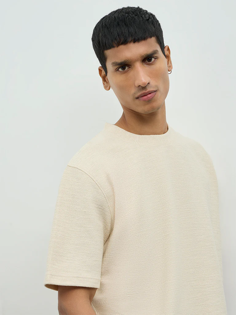 ETA Beige Textured Relaxed-Fit Cotton-Blend T-Shirt - Image 4