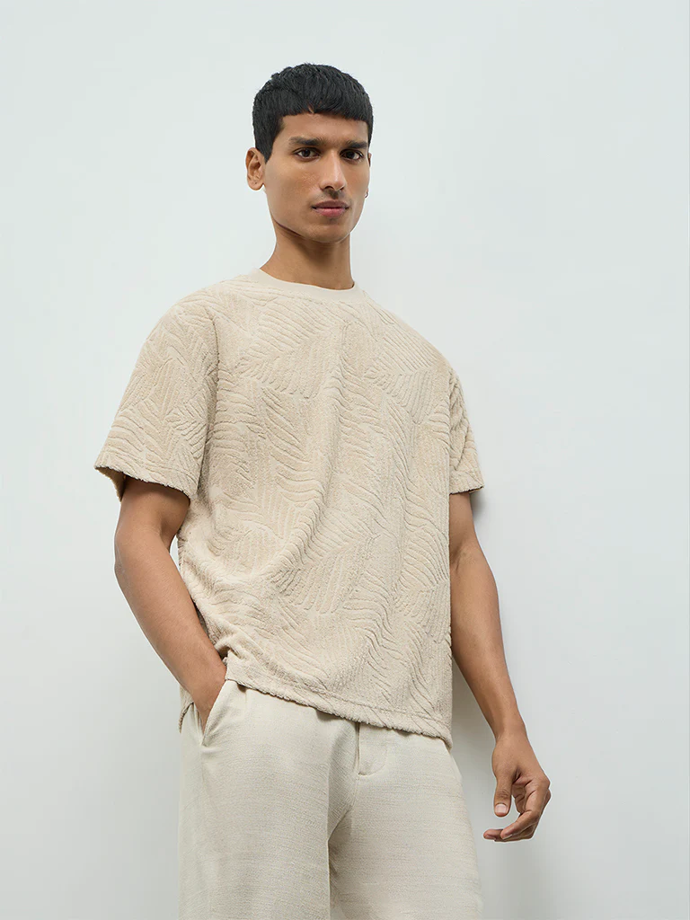 ETA Beige Textured Relaxed-Fit Cotton-Blend T-Shirt