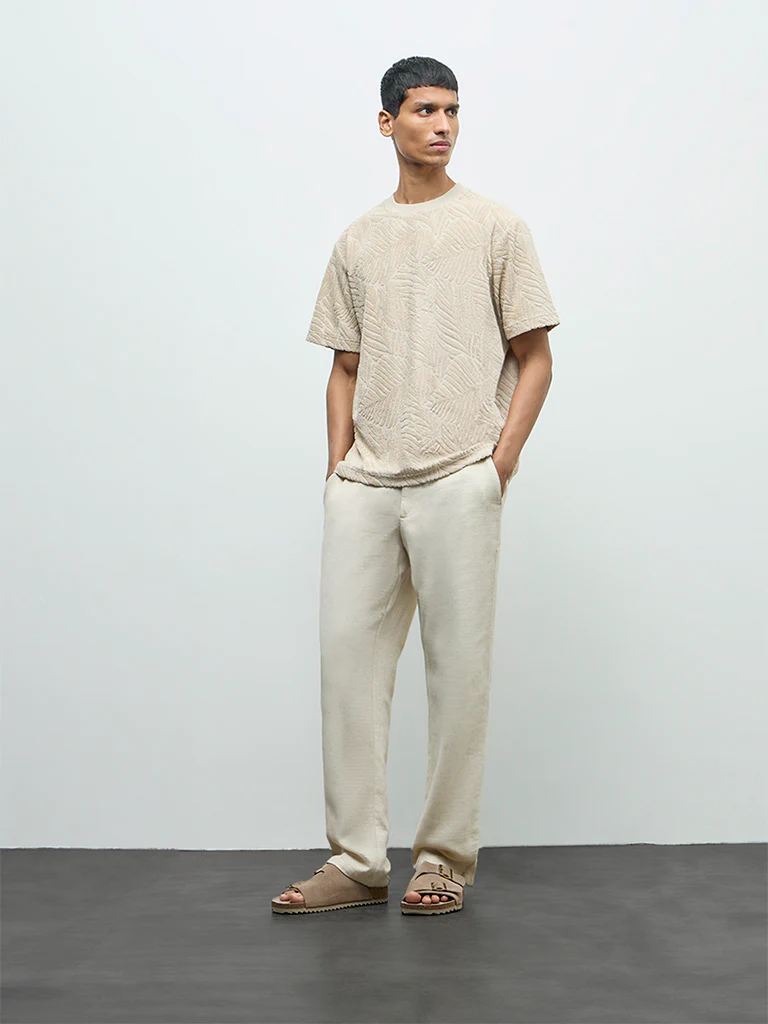 ETA Beige Textured Relaxed-Fit Cotton-Blend T-Shirt - Image 3