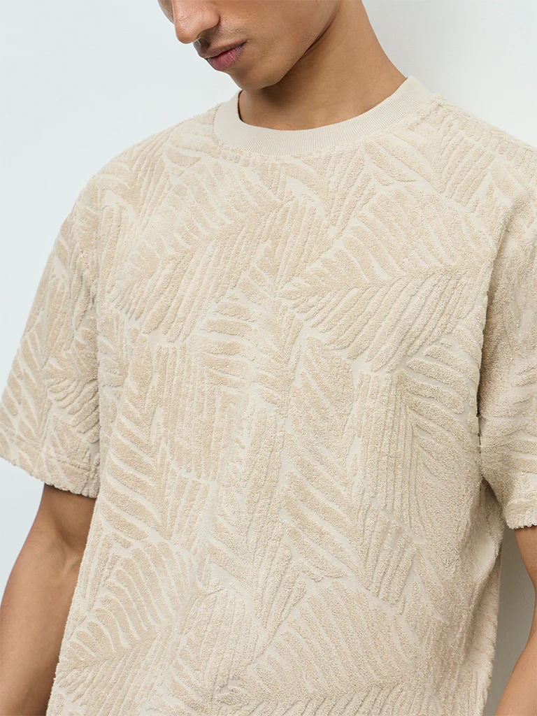 ETA Beige Textured Relaxed-Fit Cotton-Blend T-Shirt - Image 4