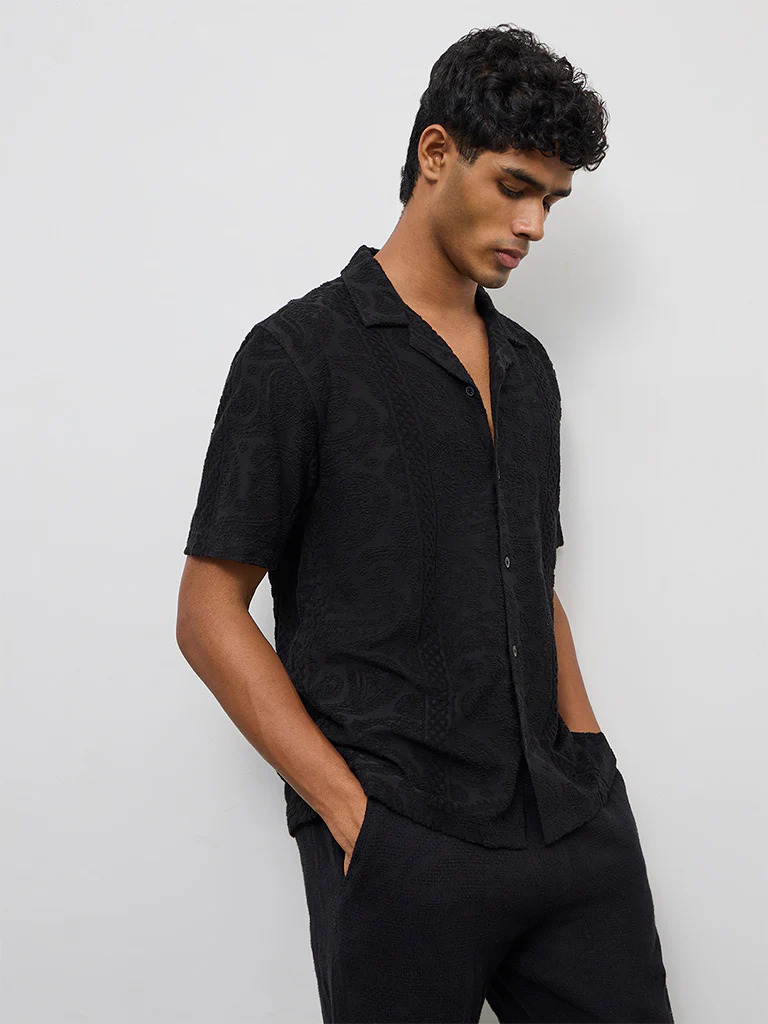 ETA Black Paisley Textured Relaxed-Fit Cotton-Blend Shirt