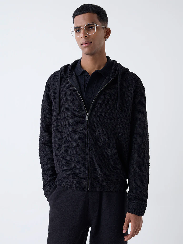 ETA Black Popcorn-Textured Relaxed-Fit Hoodie
