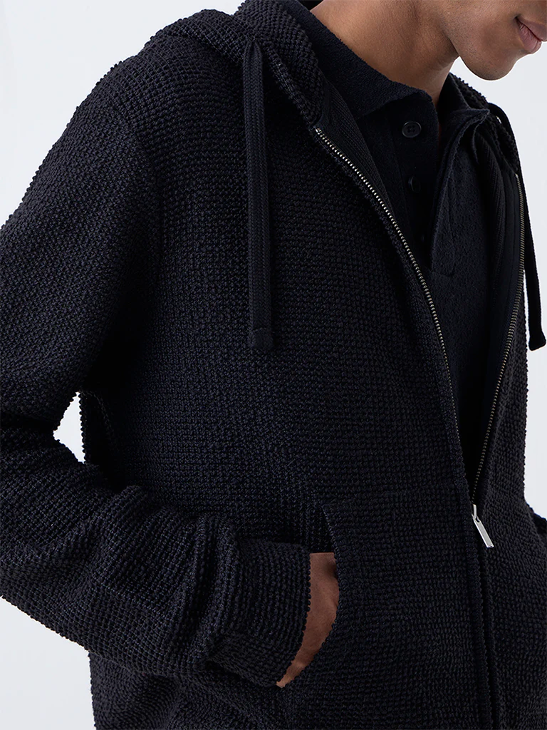 ETA Black Popcorn-Textured Relaxed-Fit Hoodie - Image 4