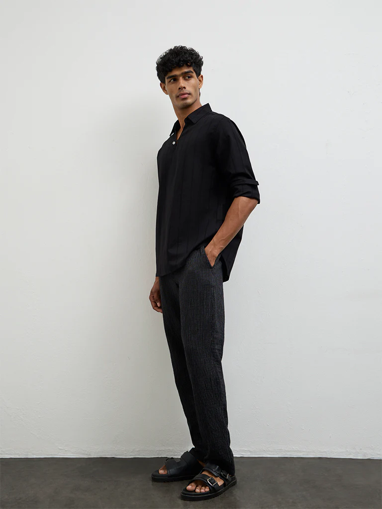 ETA Black Self-Striped Relaxed-Fit Cotton-Blend Shirt