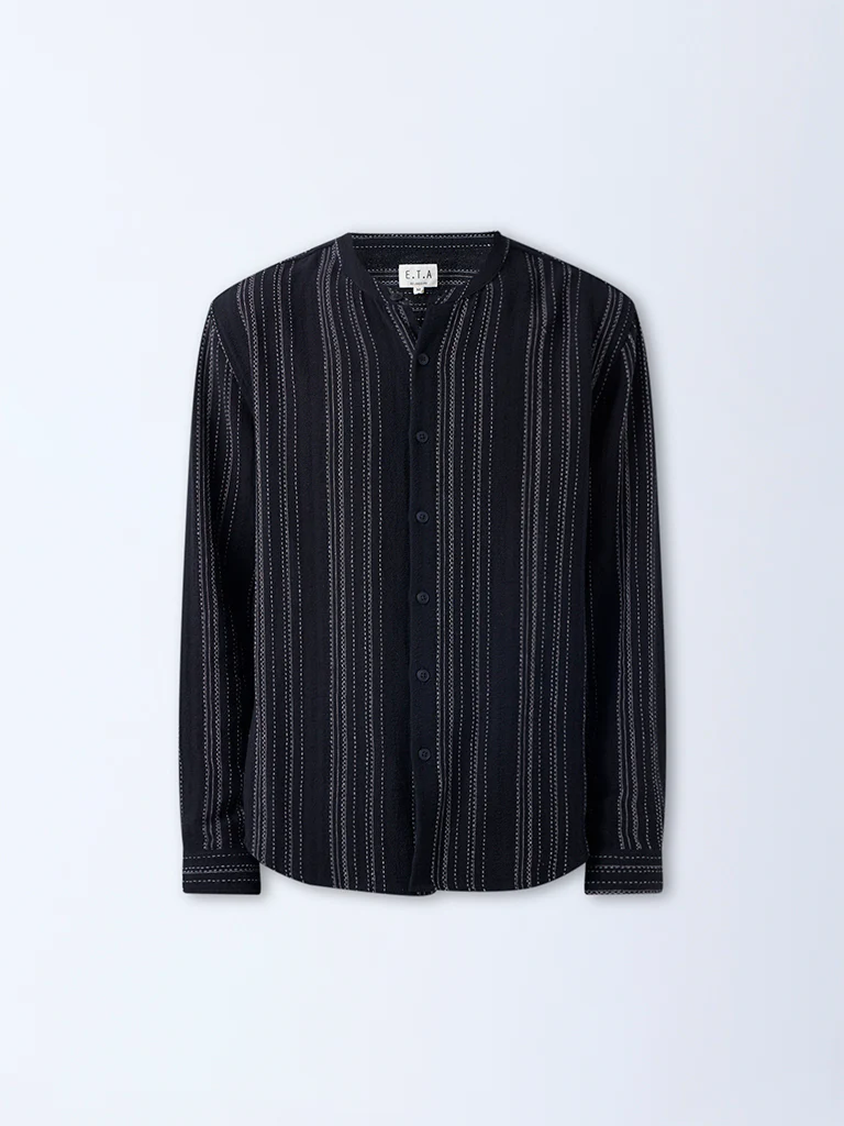 ETA Black Striped Relaxed-Fit Cotton Shirt - Image 5