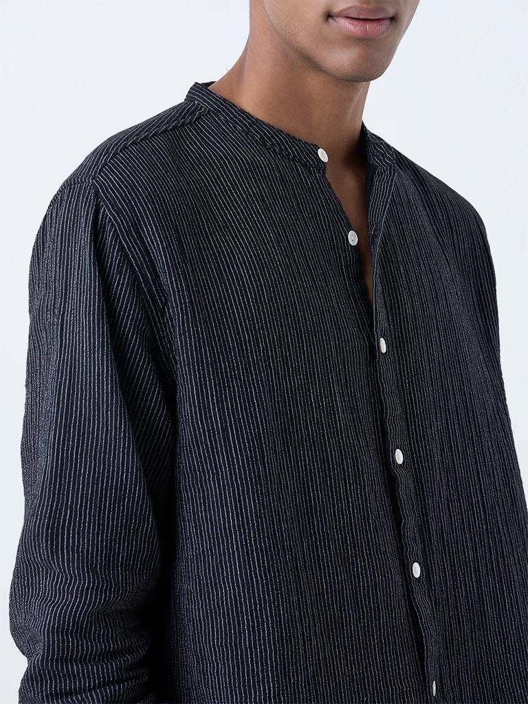 ETA Black Striped Relaxed-Fit Cotton Shirt - Image 4