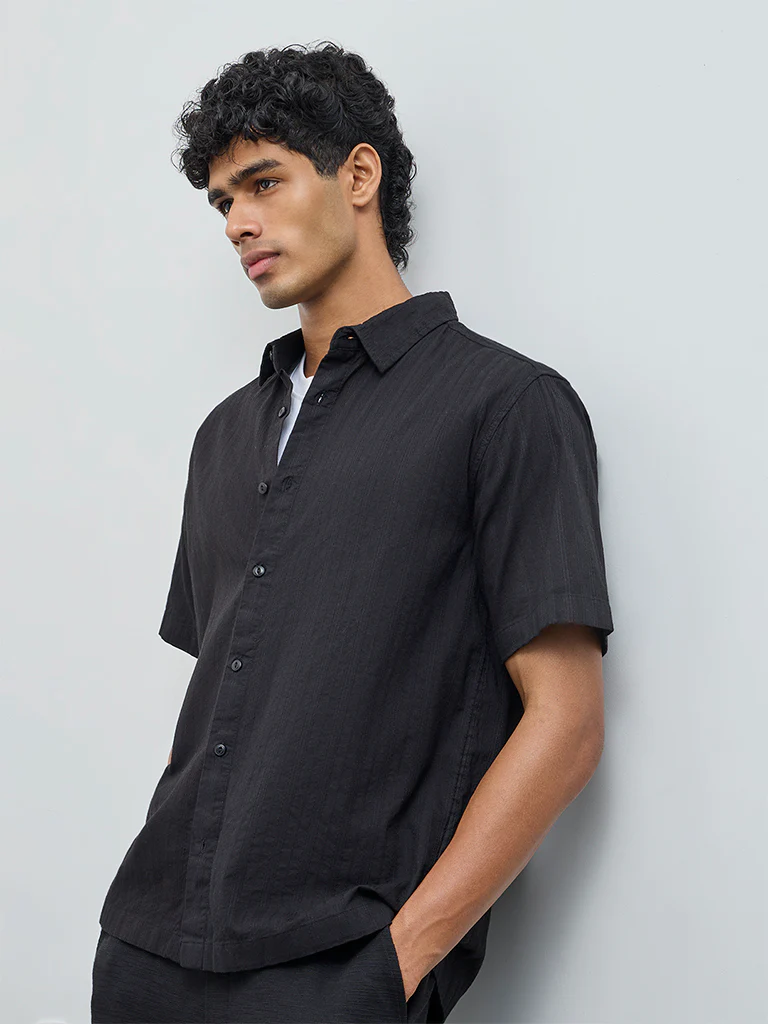 ETA Black Striped Relaxed-Fit Cotton Shirt
