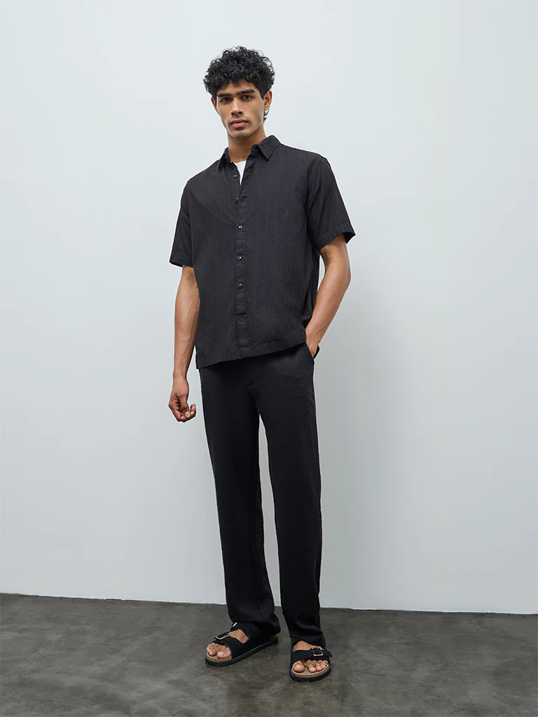 ETA Black Striped Relaxed-Fit Cotton Shirt - Image 3