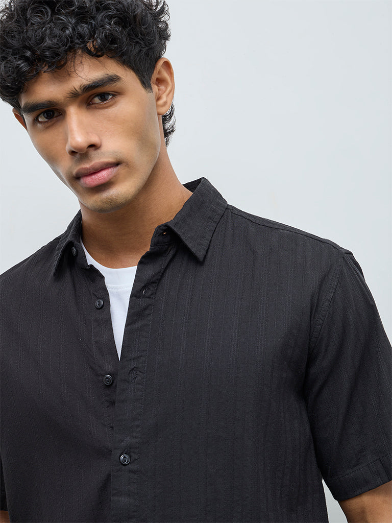 ETA Black Striped Relaxed-Fit Cotton Shirt - Image 4