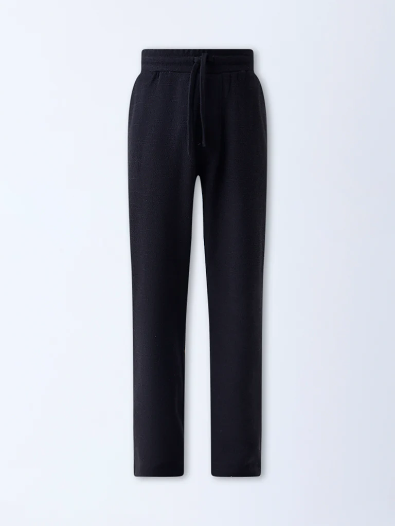 ETA Black Textured Relaxed-Fit Mid-Rise Cotton-Blend Pants - Image 5