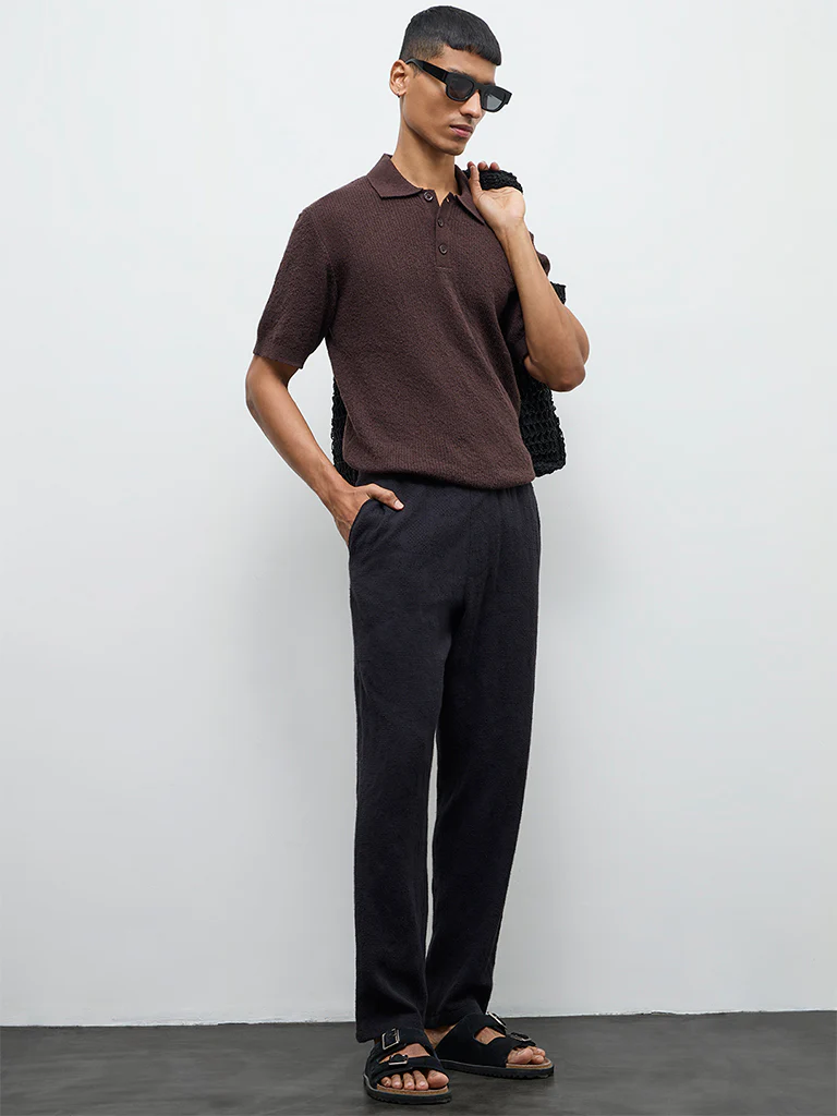 ETA Black Textured Relaxed-Fit Mid-Rise Cotton Chinos