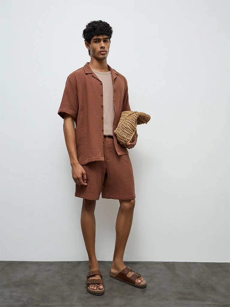 ETA Brown Crinkle-Textured Relaxed-Fit Mid-Rise Cotton Shorts