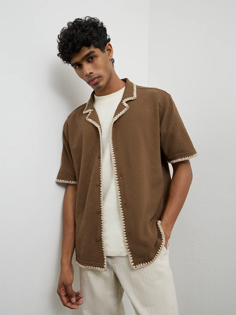 ETA Brown Embroidered Relaxed-Fit Cotton-Blend Shirt - Image 2
