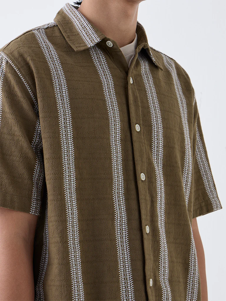 ETA Brown Embroidered Relaxed-Fit Cotton Shirt - Image 3