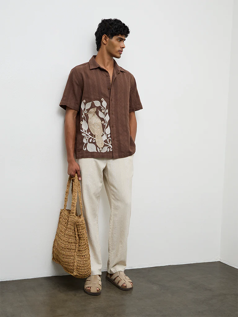 ETA Brown Embroidered Relaxed Fit Cotton Shirt
