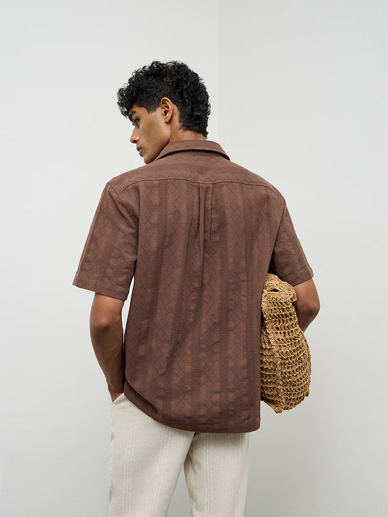 ETA Brown Embroidered Relaxed Fit Cotton Shirt - Image 4