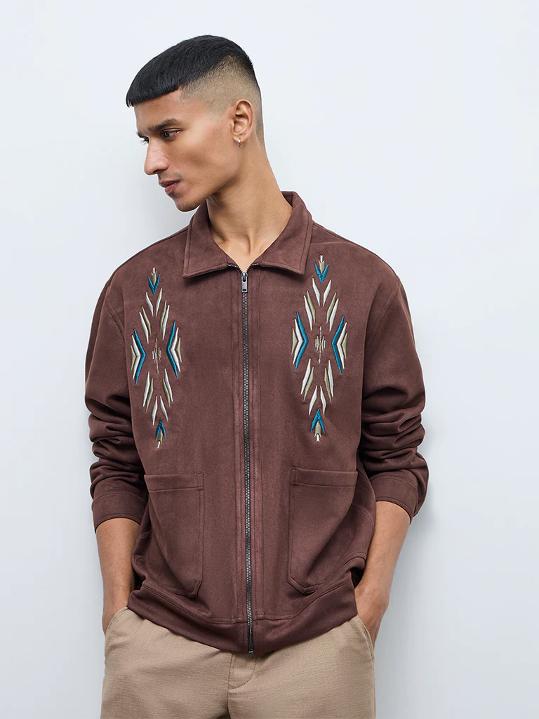 ETA Brown Embroidered Relaxed-Fit Suede Jacket