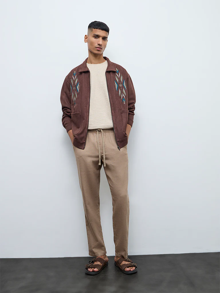 ETA Brown Embroidered Relaxed-Fit Suede Jacket - Image 2