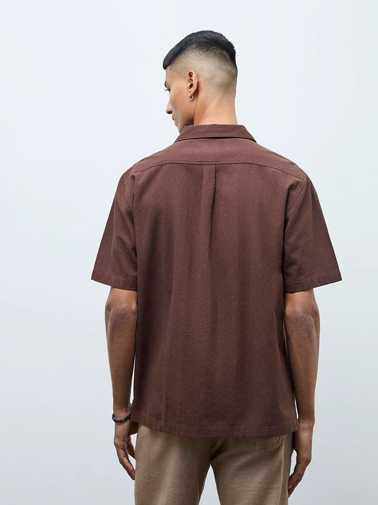 ETA Brown Floral Embroidered Relaxed-Fit Cotton Shirt - Image 4