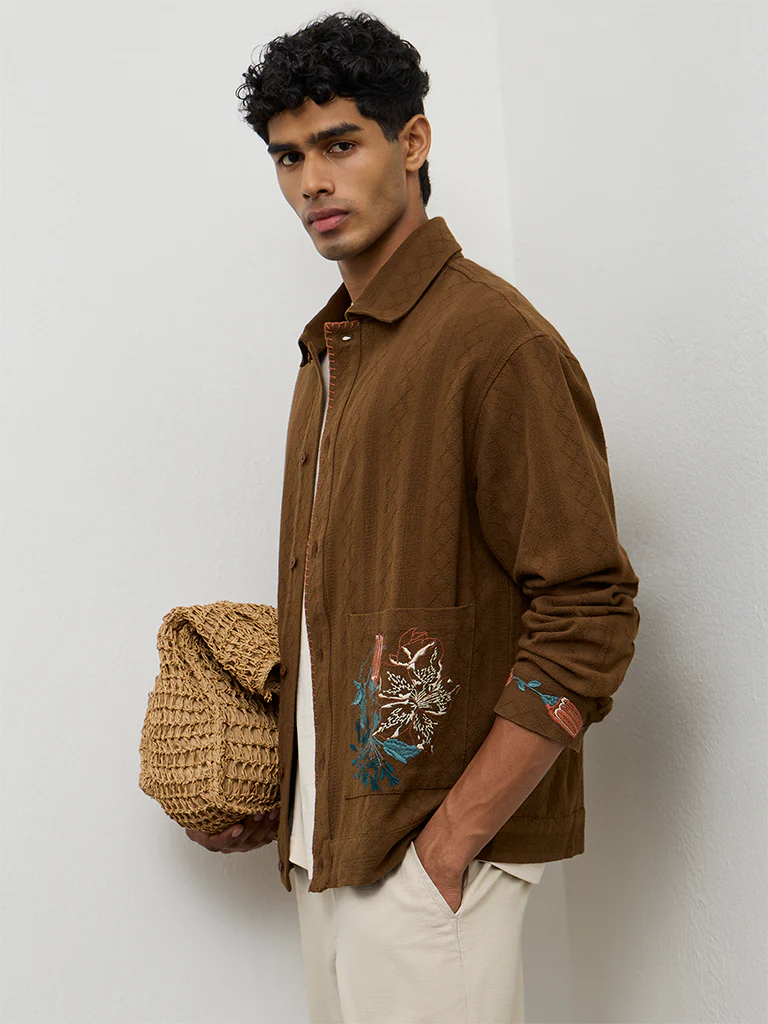 ETA Brown Floral-Embroidered Relaxed-Fit Cotton Shirt - Image 2