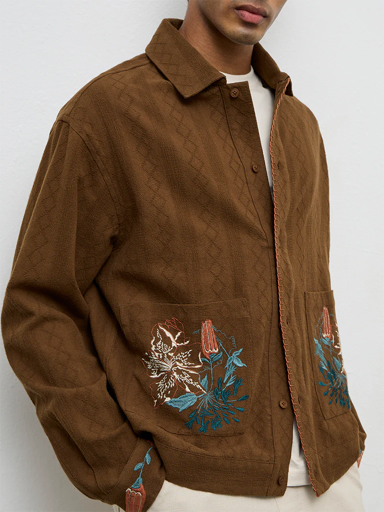 ETA Brown Floral-Embroidered Relaxed-Fit Cotton Shirt - Image 3