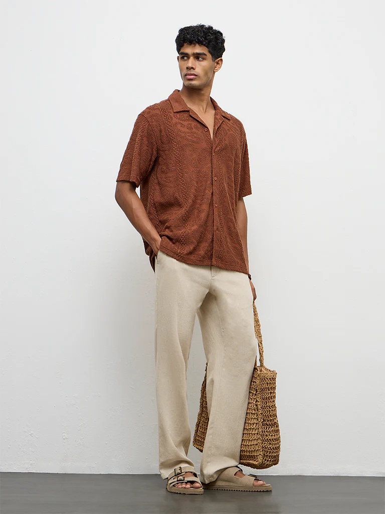 ETA Brown Paisley-Textured Relaxed-Fit Cotton-Blend Shirt - Image 2