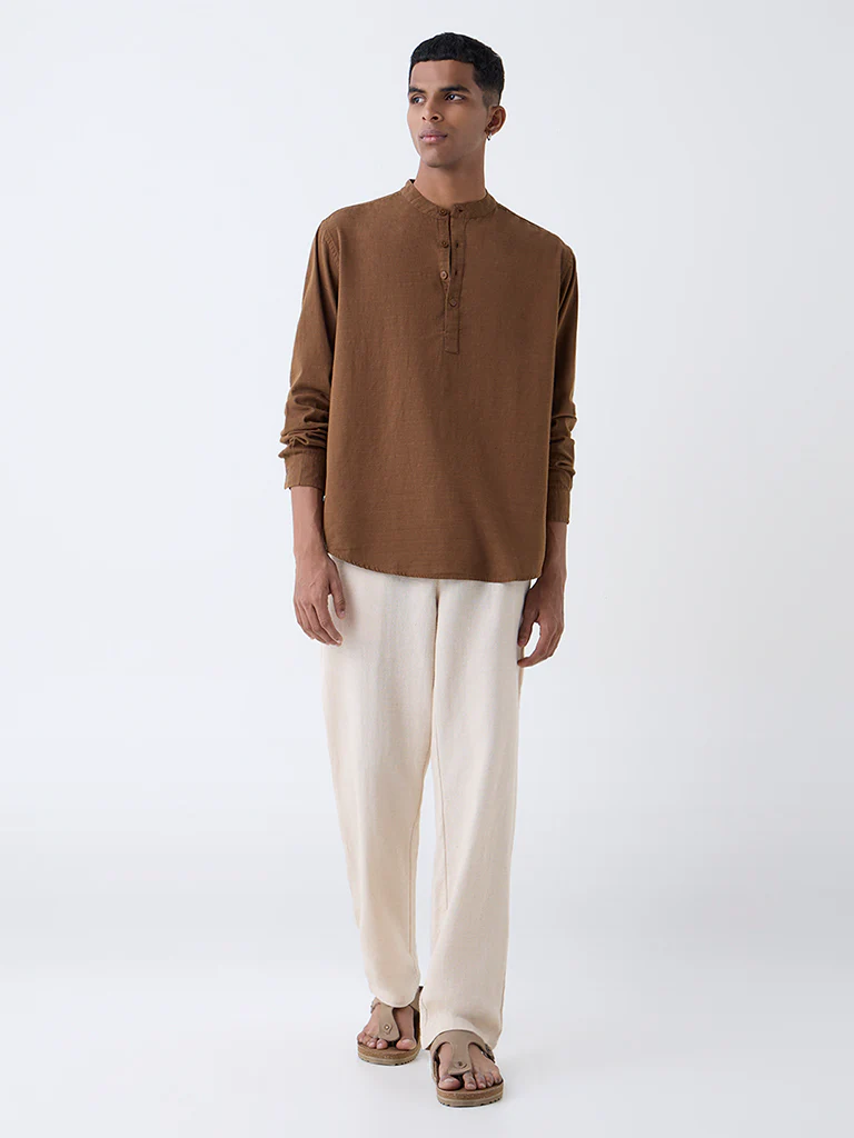 ETA Brown Self-Patterned Relaxed-Fit Cotton-Blend Shirt - Image 3
