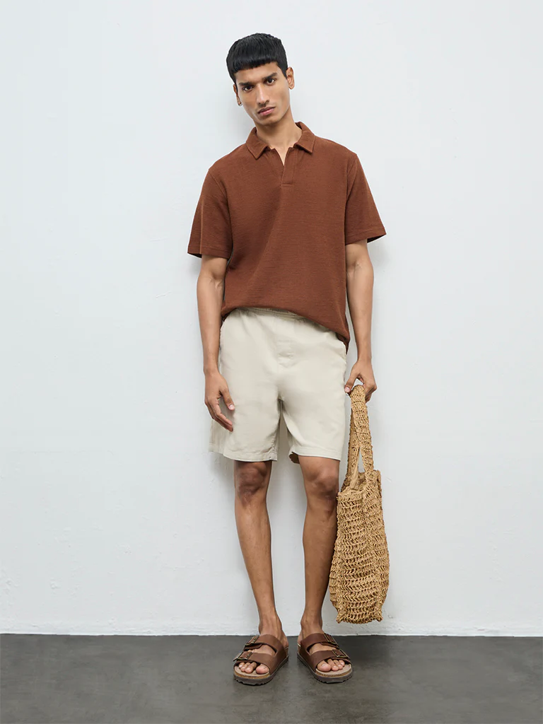 ETA Brown Self-Textured Relaxed-Fit Cotton-Blend Polo T-Shirt - Image 3