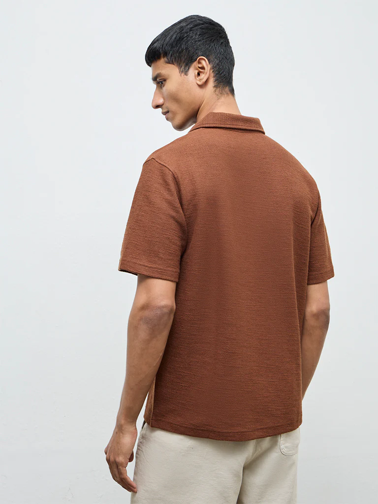 ETA Brown Self-Textured Relaxed-Fit Cotton-Blend Polo T-Shirt - Image 5