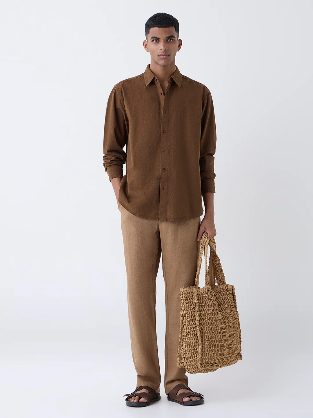 ETA Brown Solid Relaxed-Fit Cotton Shirt - Image 3
