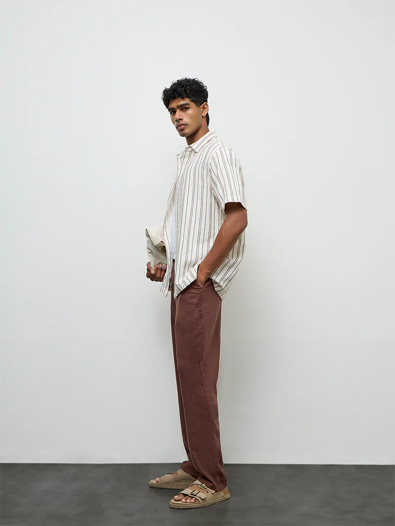ETA Brown Solid Relaxed-Fit Mid-Rise Cotton-Blend Chinos