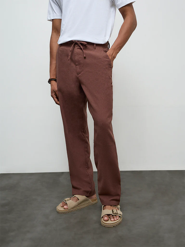 ETA Brown Solid Relaxed-Fit Mid-Rise Cotton-Blend Chinos - Image 2
