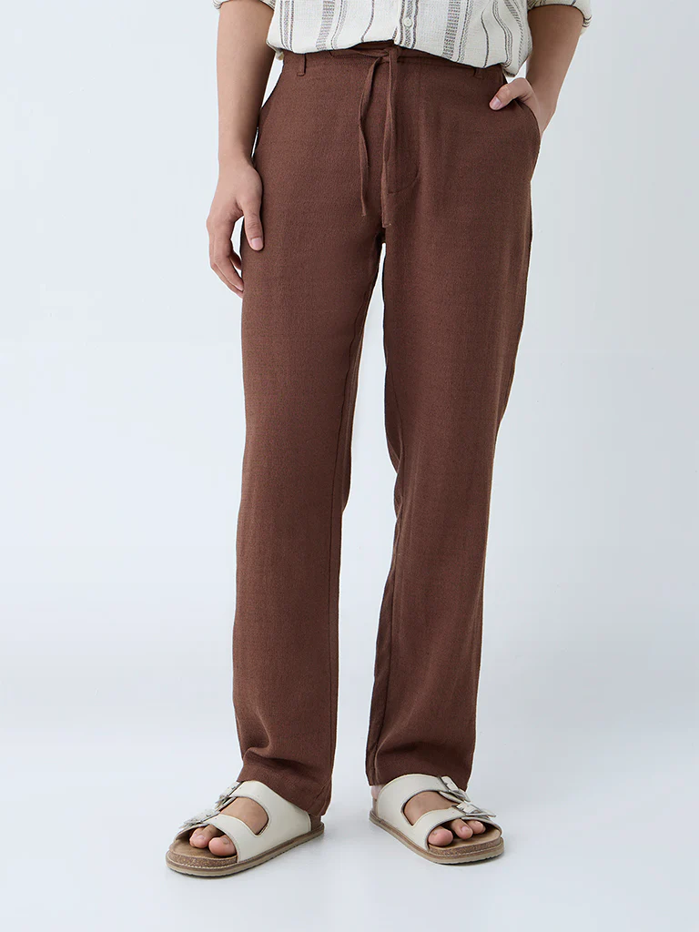 ETA Brown Solid Relaxed-Fit Mid-Rise Cotton Chinos - Image 3