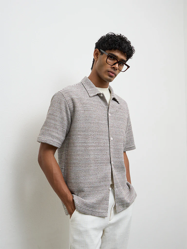 ETA Brown Stripe Embroidered Relaxed Fit Cotton-Blend Shirt - Image 2