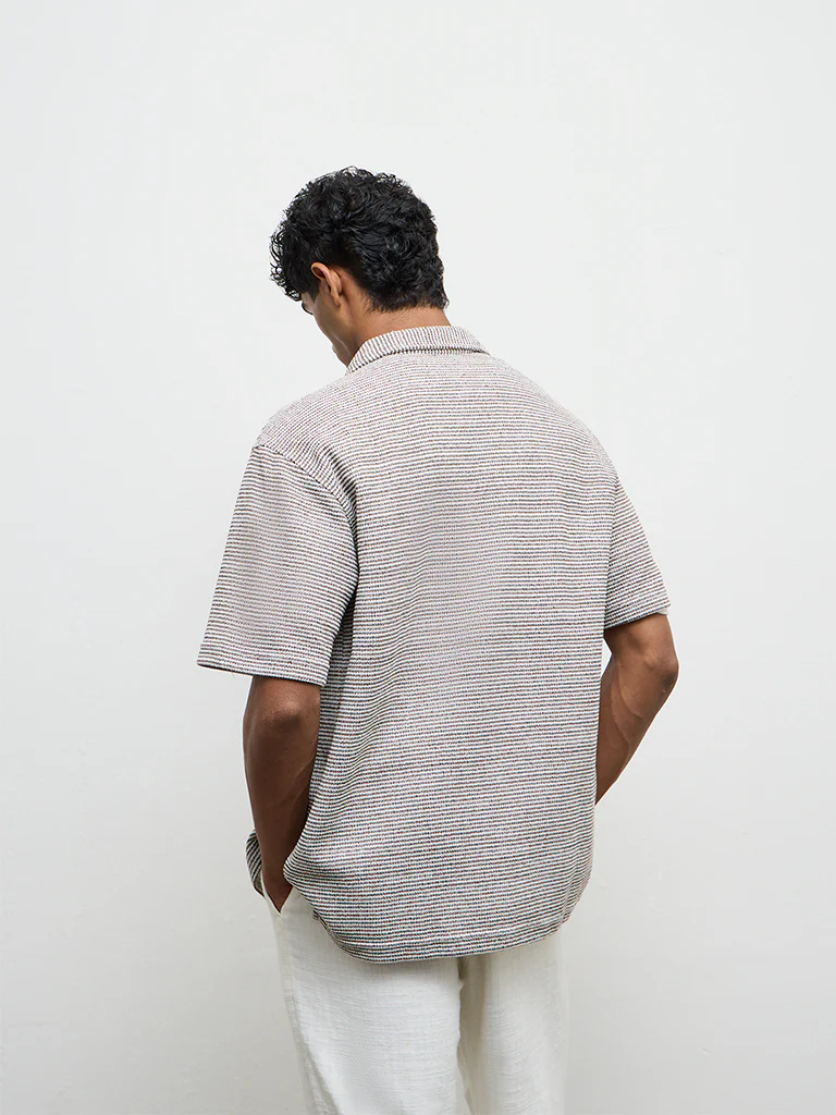ETA Brown Stripe Embroidered Relaxed Fit Cotton-Blend Shirt - Image 4