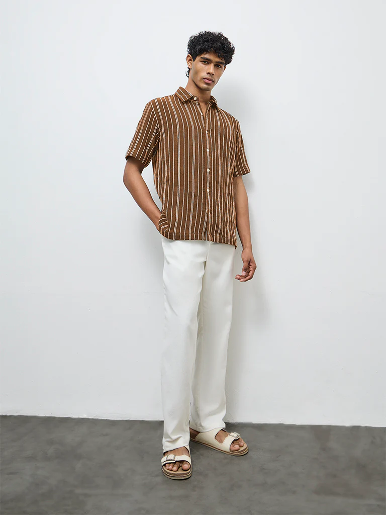 ETA Brown Striped Relaxed-Fit Cotton Shirt - Image 2