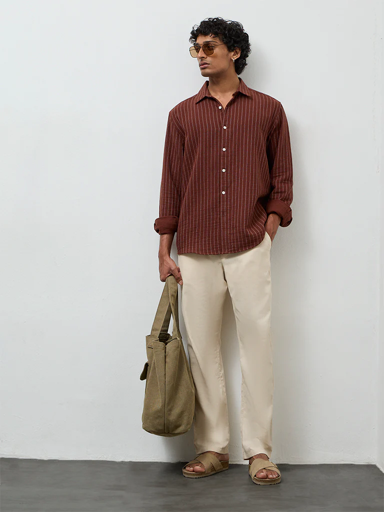ETA Brown Striped Relaxed-Fit Cotton Shirt