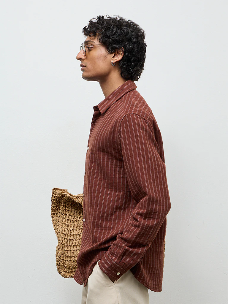 ETA Brown Striped Relaxed-Fit Cotton Shirt - Image 3
