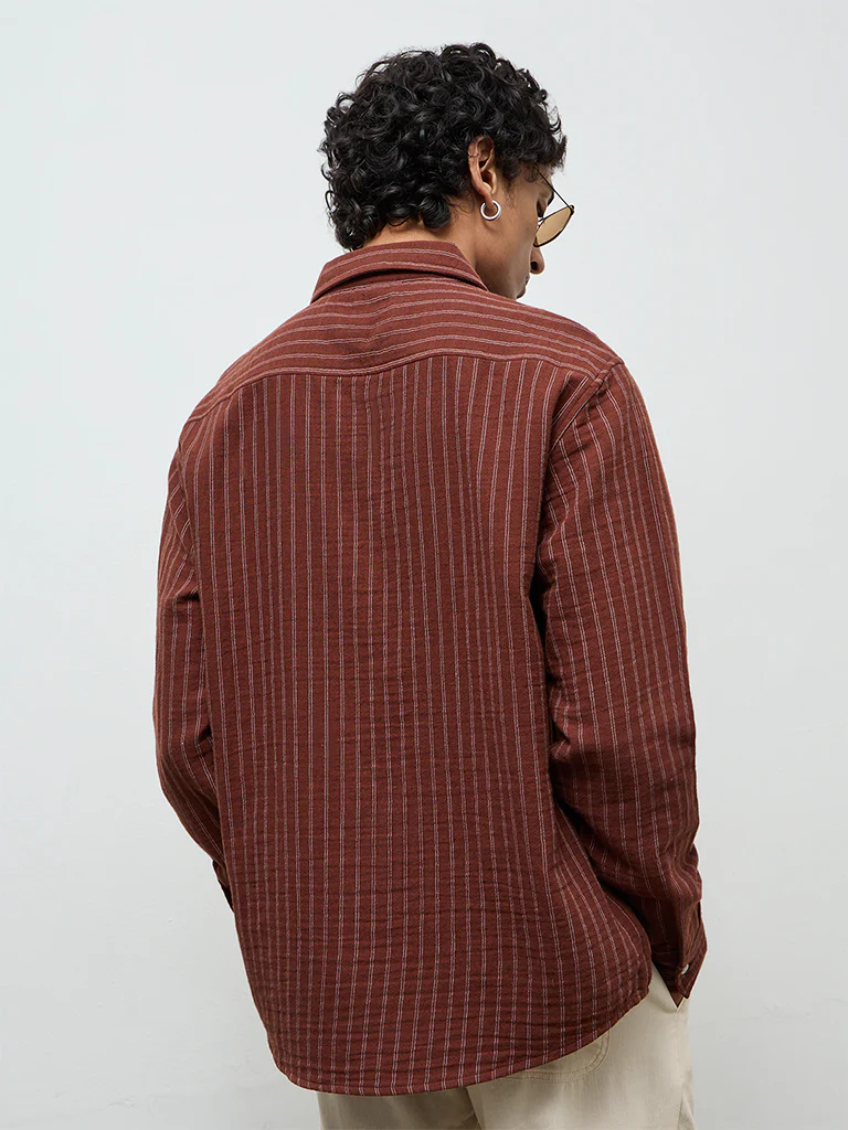 ETA Brown Striped Relaxed-Fit Cotton Shirt - Image 4