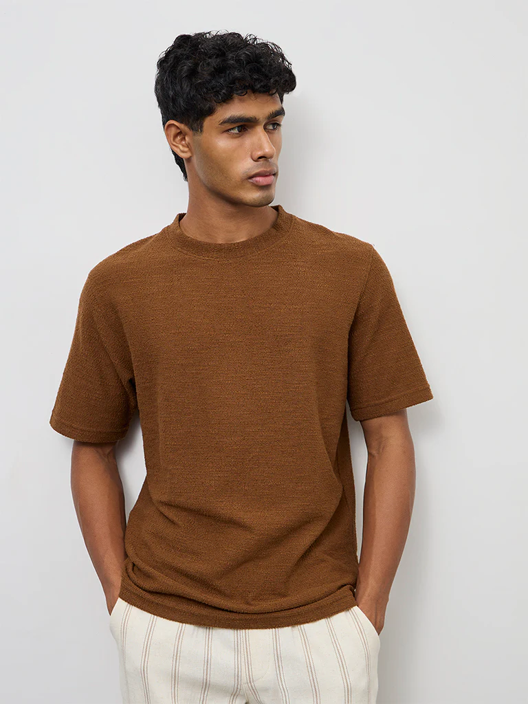 ETA Brown Textured Relaxed-Fit Cotton-Blend T-Shirt - Image 3
