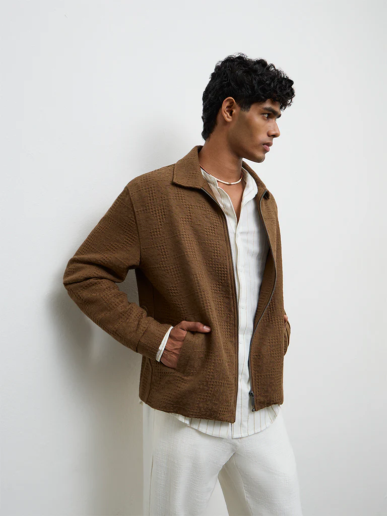 ETA Brown Textured Relaxed Fit Cotton Jacket - Image 3