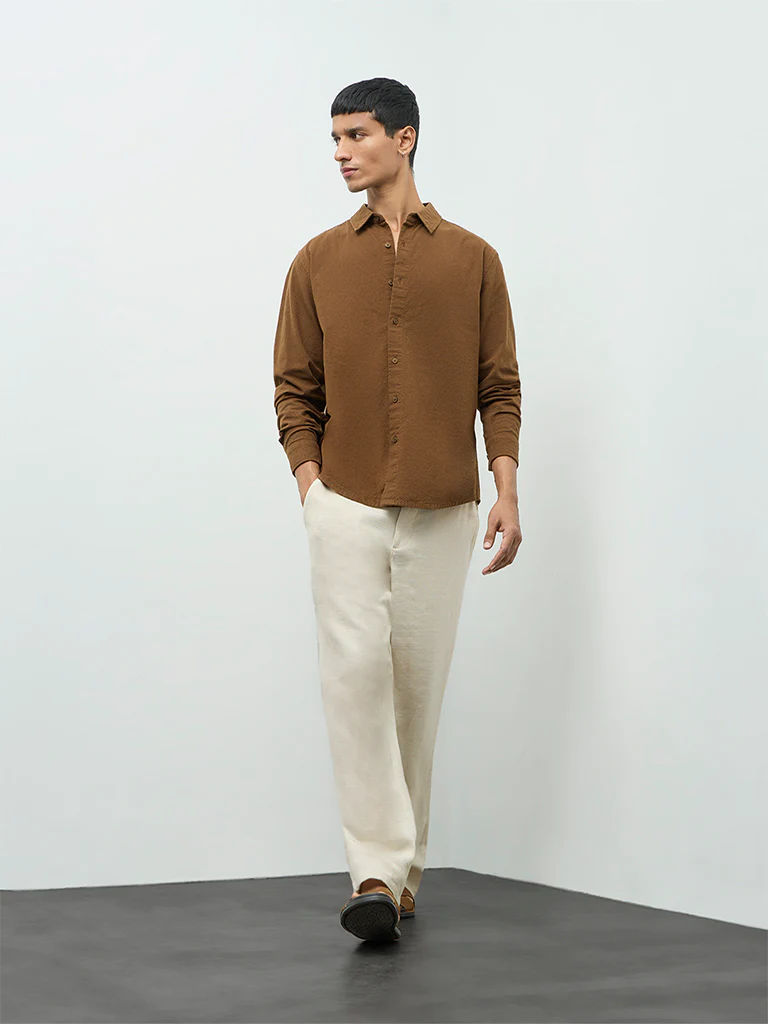 ETA Brown Textured Relaxed-Fit Cotton Shirt - Image 3