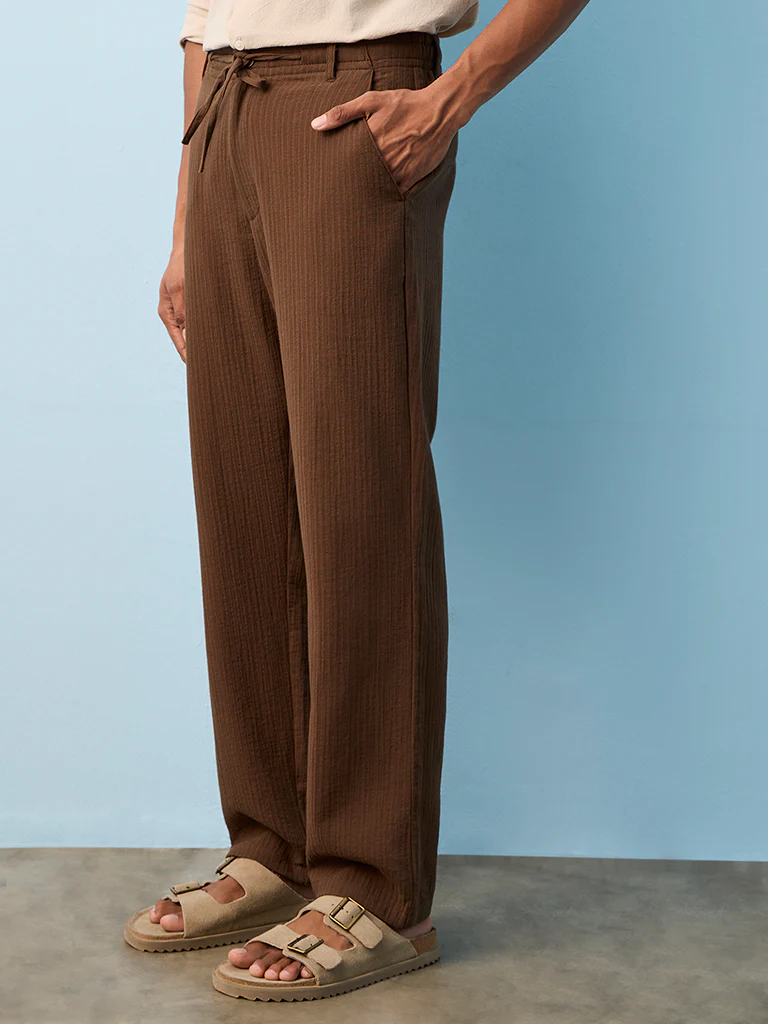 ETA Brown Textured Relaxed-Fit Mid-Rise Cotton Pants - Image 2