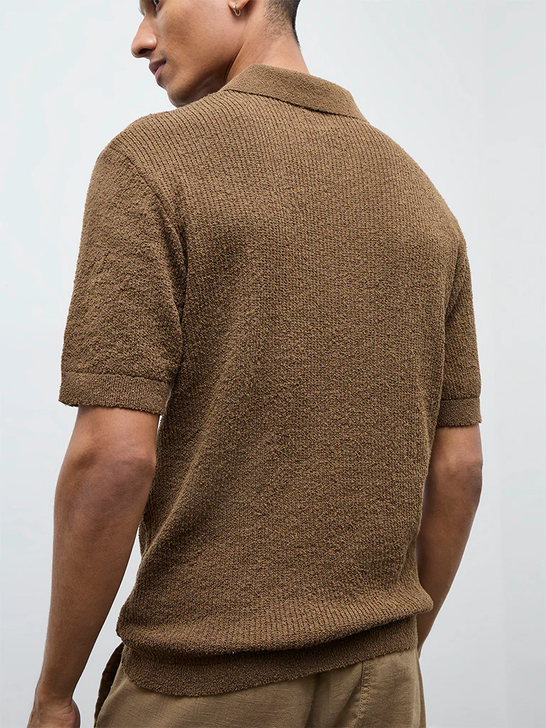 ETA Brown Textured Relaxed-Fit Polo T-Shirt - Image 5