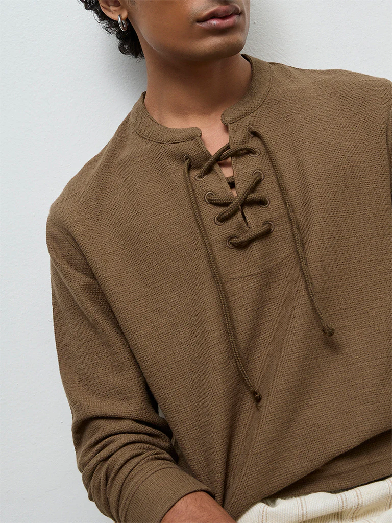 ETA Brown Waffle-Textured Relaxed-Fit Cotton-Blend T-Shirt - Image 4