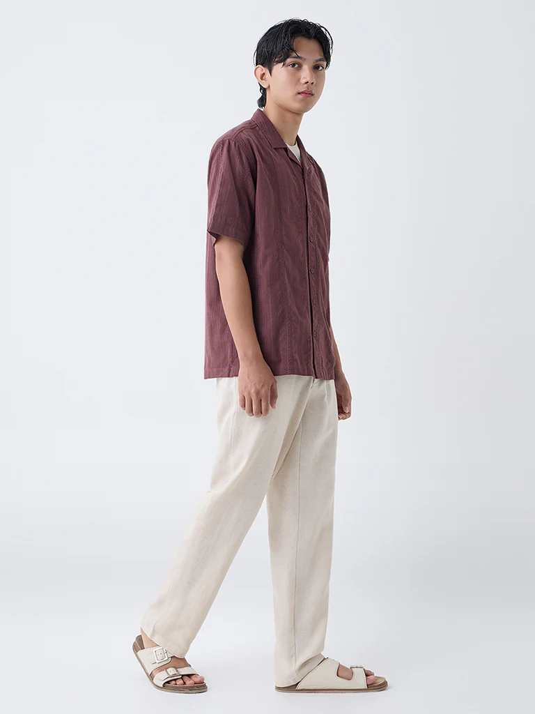 ETA Burgundy Embroidered Relaxed-Fit Cotton Shirt - Image 2