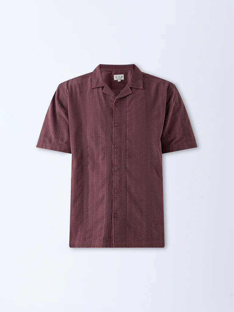 ETA Burgundy Embroidered Relaxed-Fit Cotton Shirt - Image 5