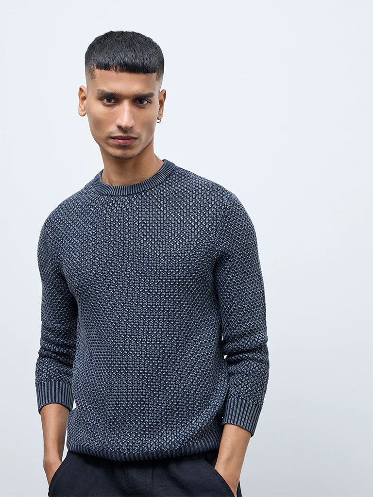ETA Charcoal Knitted-Textured Relaxed-Fit Cotton Sweater - Image 3